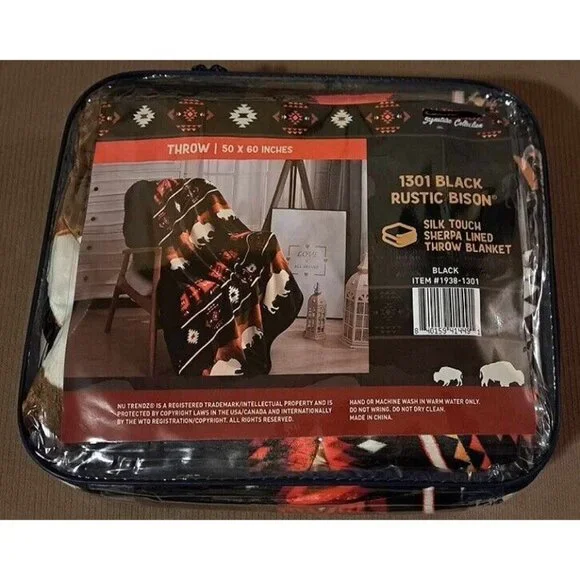 New Black Rustic Bison Buffalo Sherpa Plush Throw Gift Blanket Native American - Picture 5 of 5